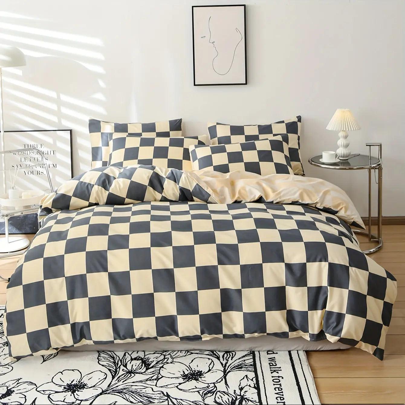 Bedding set – Modern plaid design – Soft fabric – 3-piece duvet cover and pillowcases