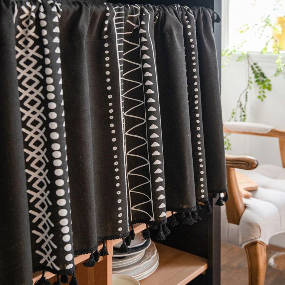 Black Geometric Tribal Tassel Cabinet Curtain