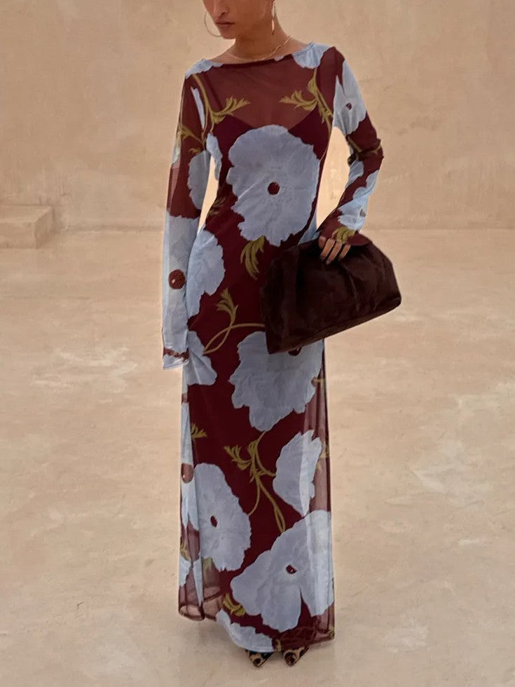 Floral Print Sheer Mesh Maxi Dress