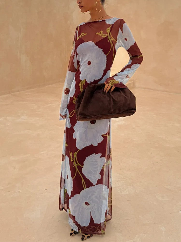 Floral Print Sheer Mesh Maxi Dress