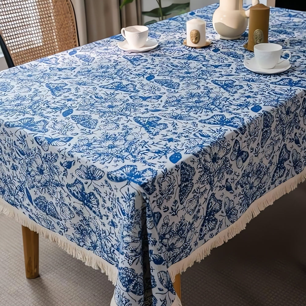 Bohemian Blue Butterfly Tablecloth - Cotton-Poly Blend, Square, Navy Floral Print, Elegant Tassel Trim