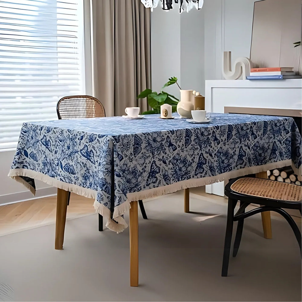 Bohemian Blue Butterfly Tablecloth - Cotton-Poly Blend, Square, Navy Floral Print, Elegant Tassel Trim