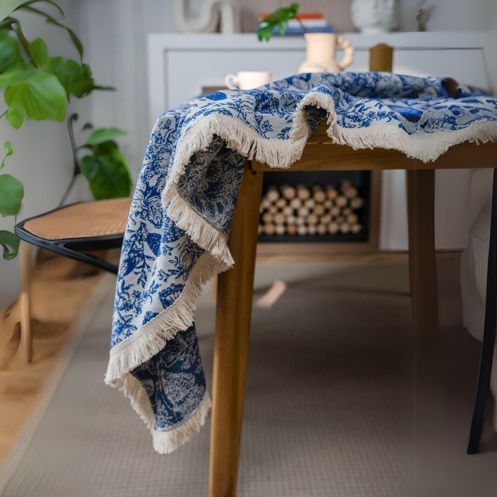 Bohemian Blue Butterfly Tablecloth - Cotton-Poly Blend, Square, Navy Floral Print, Elegant Tassel Trim