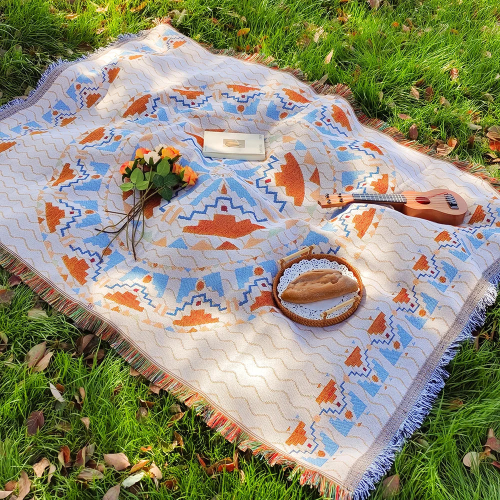Bohemian Picnic Mat - Soft Cotton Blend Outdoor Picnic Blanket with Tassels, Versatile for Camping and Home Decor
