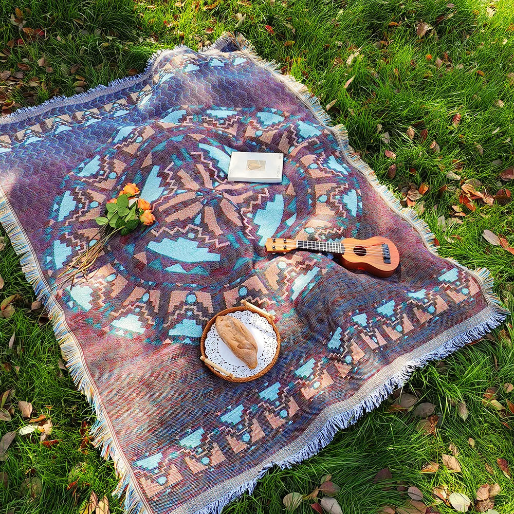 Bohemian Picnic Mat - Soft Cotton Blend Outdoor Picnic Blanket with Tassels, Versatile for Camping and Home Decor
