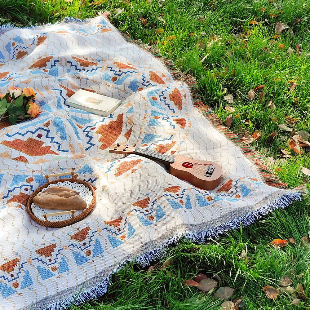 Bohemian Picnic Mat - Soft Cotton Blend Outdoor Picnic Blanket with Tassels, Versatile for Camping and Home Decor