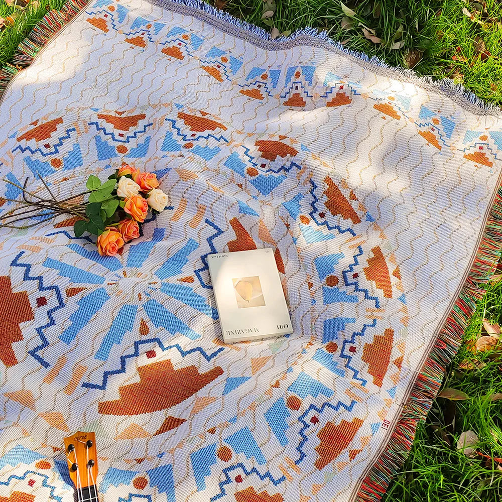 Bohemian Picnic Mat - Soft Cotton Blend Outdoor Picnic Blanket with Tassels, Versatile for Camping and Home Decor