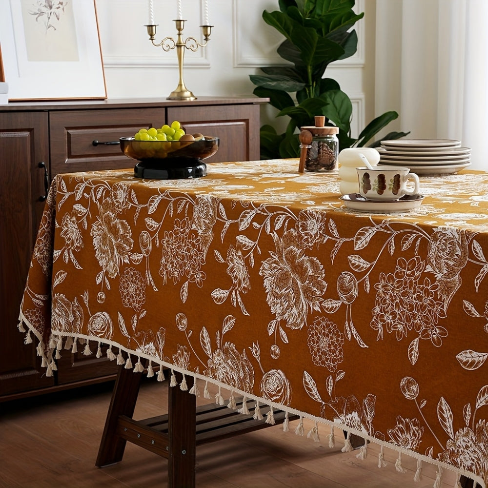 Peacock Blossom Boho Floral Tablecloth with Tassel
