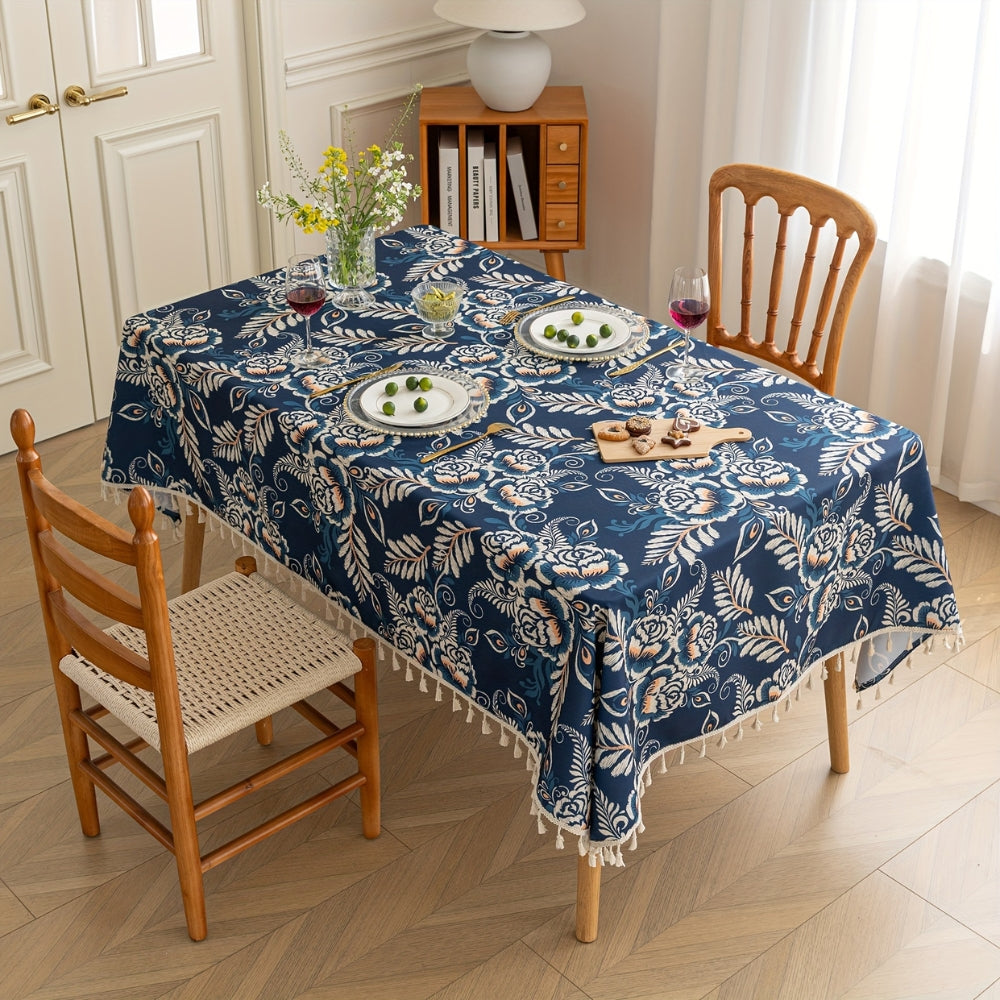 Peacock Blossom Boho Floral Tablecloth with Tassel