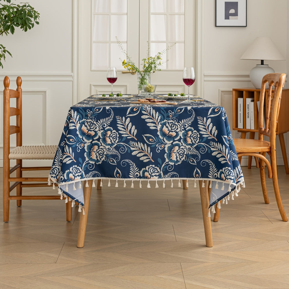 Peacock Blossom Boho Floral Tablecloth with Tassel