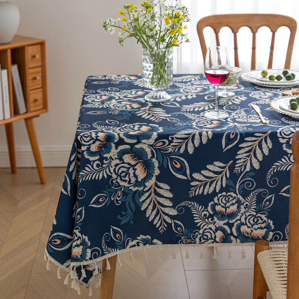 Peacock Blossom Boho Floral Tablecloth with Tassel