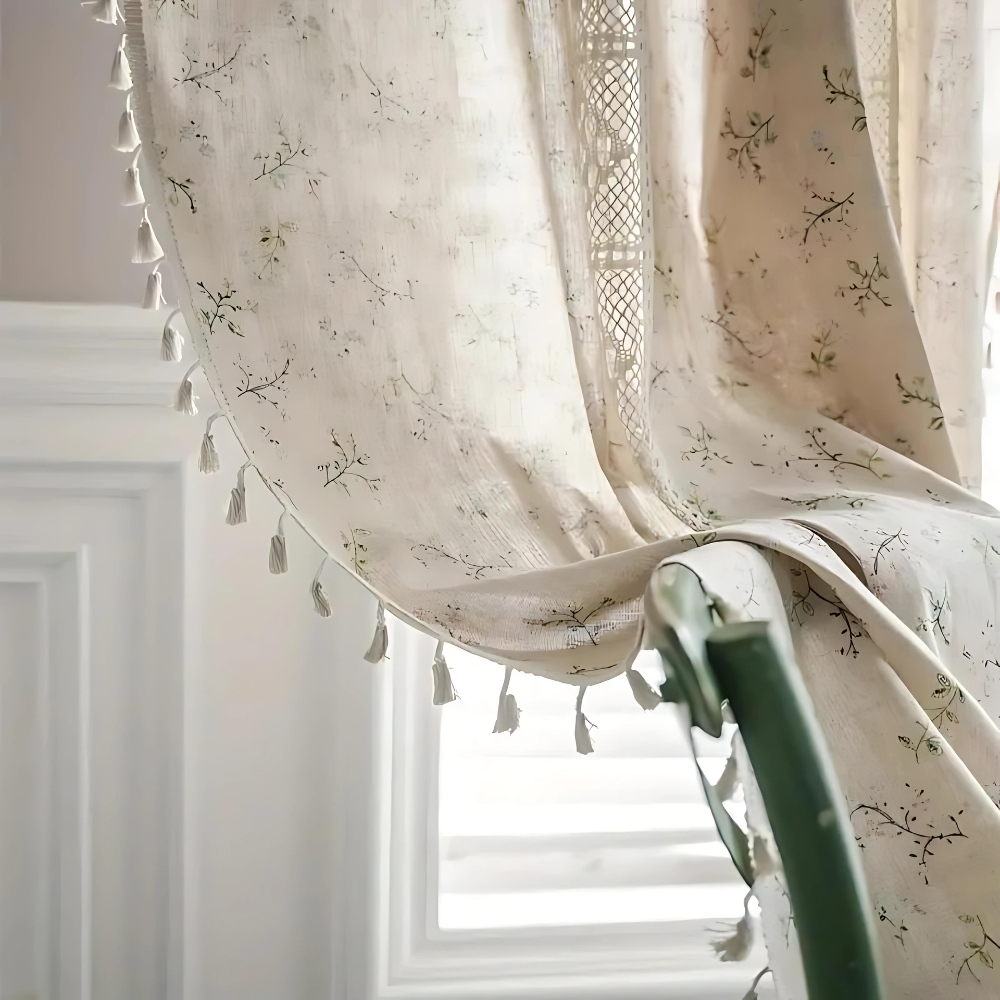 Boho Floral Lace Curtains for Living Room, Semi-Blackout, UV Resistant, Beige Fringe