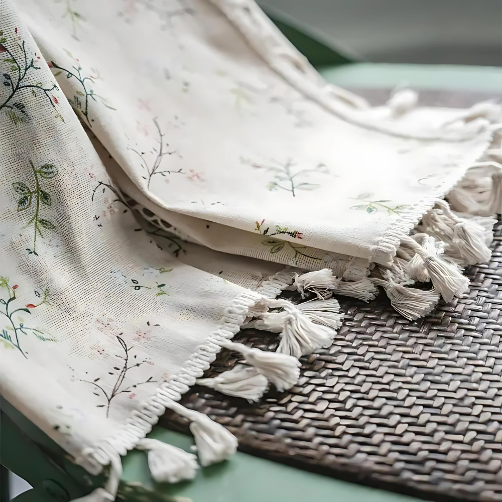 Boho Floral Lace Curtains for Living Room, Semi-Blackout, UV Resistant, Beige Fringe