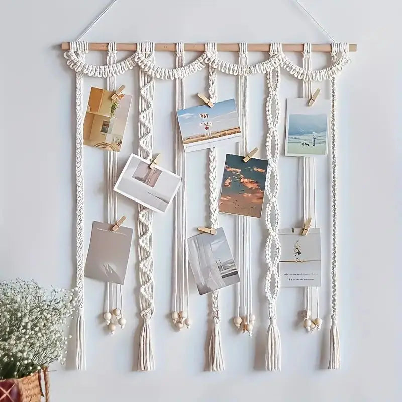 Boho macrame photo display wall hanging with wooden rod, handmade cotton rope picture holder for home decor