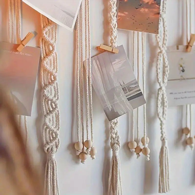 Boho macrame photo display wall hanging with wooden rod, handmade cotton rope picture holder for home decor