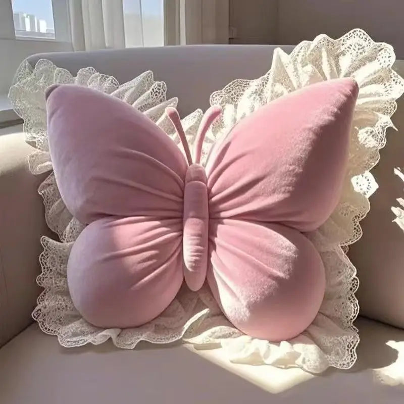 Butterfly pillow – Soft plush – Pink and beige – Versatile cushion for home, office, or bedroom