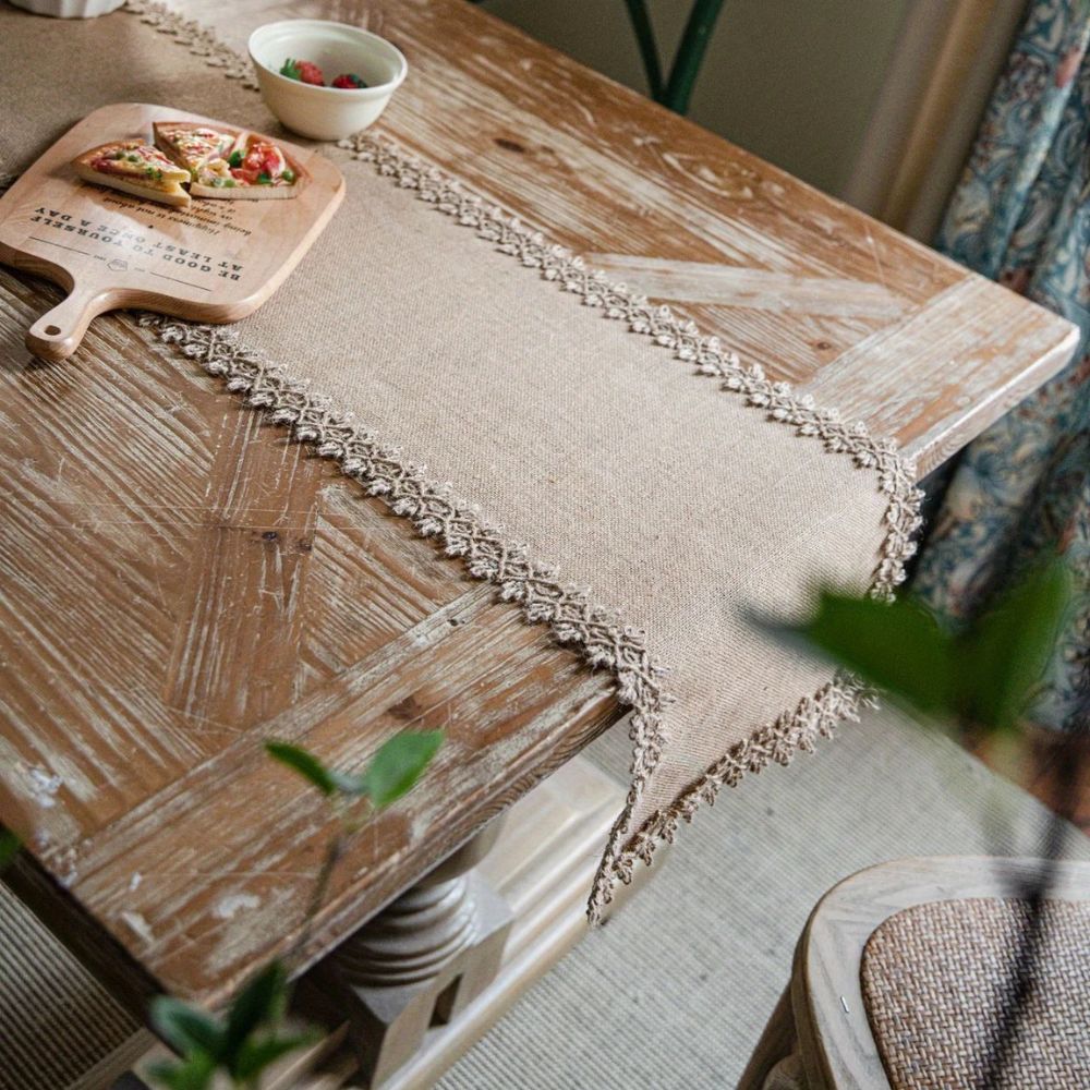 Rustic burlap table runner with crochet lace trim, farmhouse dining table decor for vintage and boho home styling