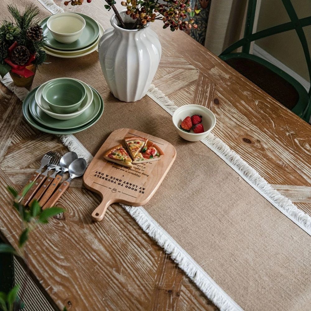 Rustic burlap table runner with crochet lace trim, farmhouse dining table decor for vintage and boho home styling