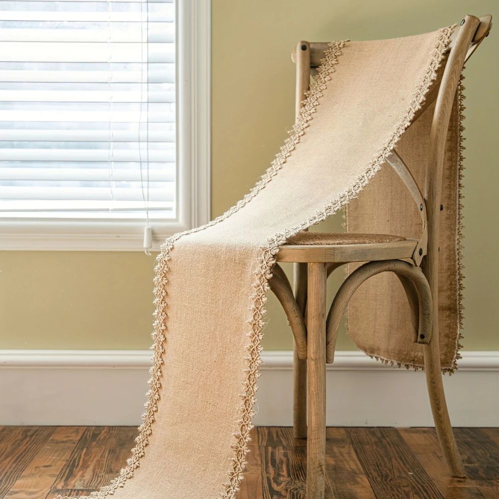 Rustic burlap table runner with crochet lace trim, farmhouse dining table decor for vintage and boho home styling