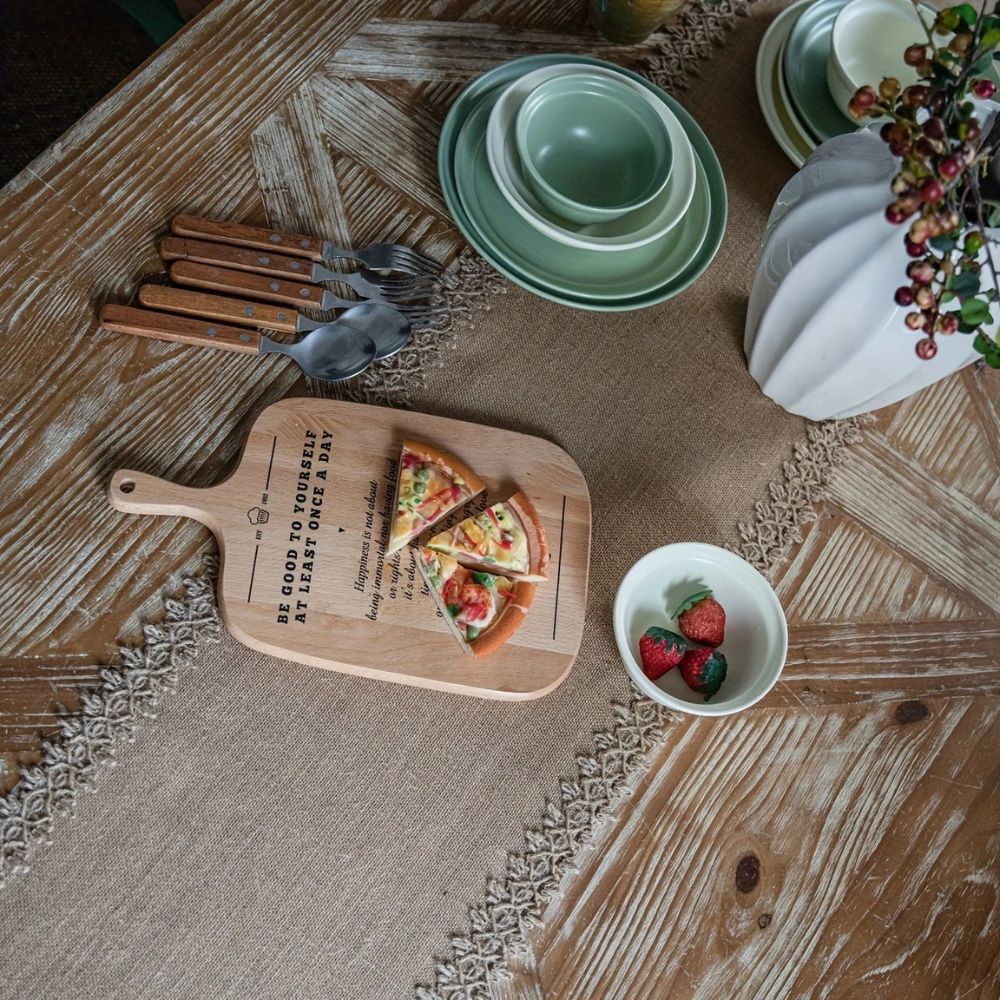 Rustic burlap table runner with crochet lace trim, farmhouse dining table decor for vintage and boho home styling