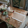 Rustic burlap table runner with crochet lace trim, farmhouse dining table decor for vintage and boho home styling