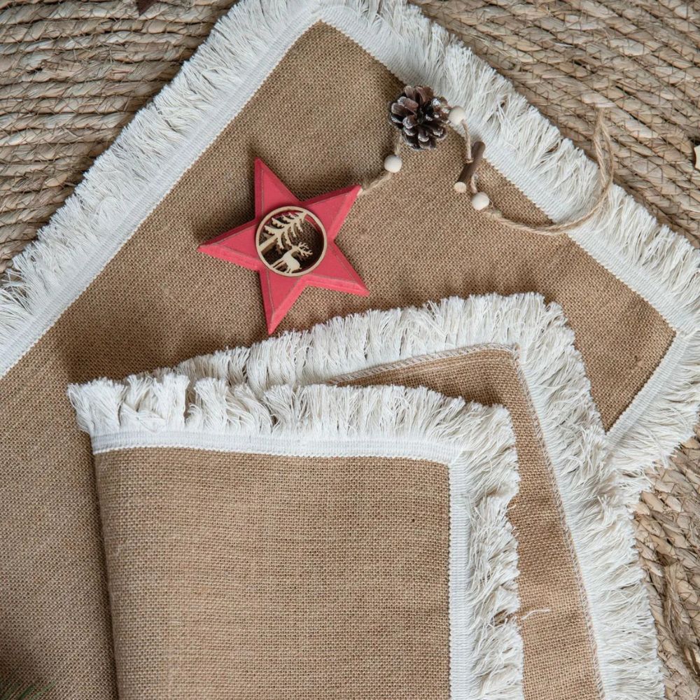 Rustic burlap table runner with crochet lace trim, farmhouse dining table decor for vintage and boho home styling