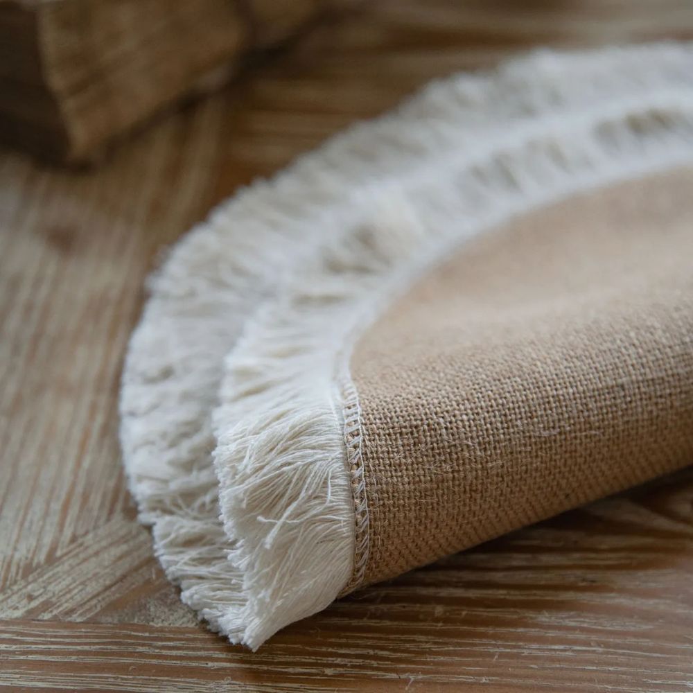 Rustic burlap table runner with crochet lace trim, farmhouse dining table decor for vintage and boho home styling