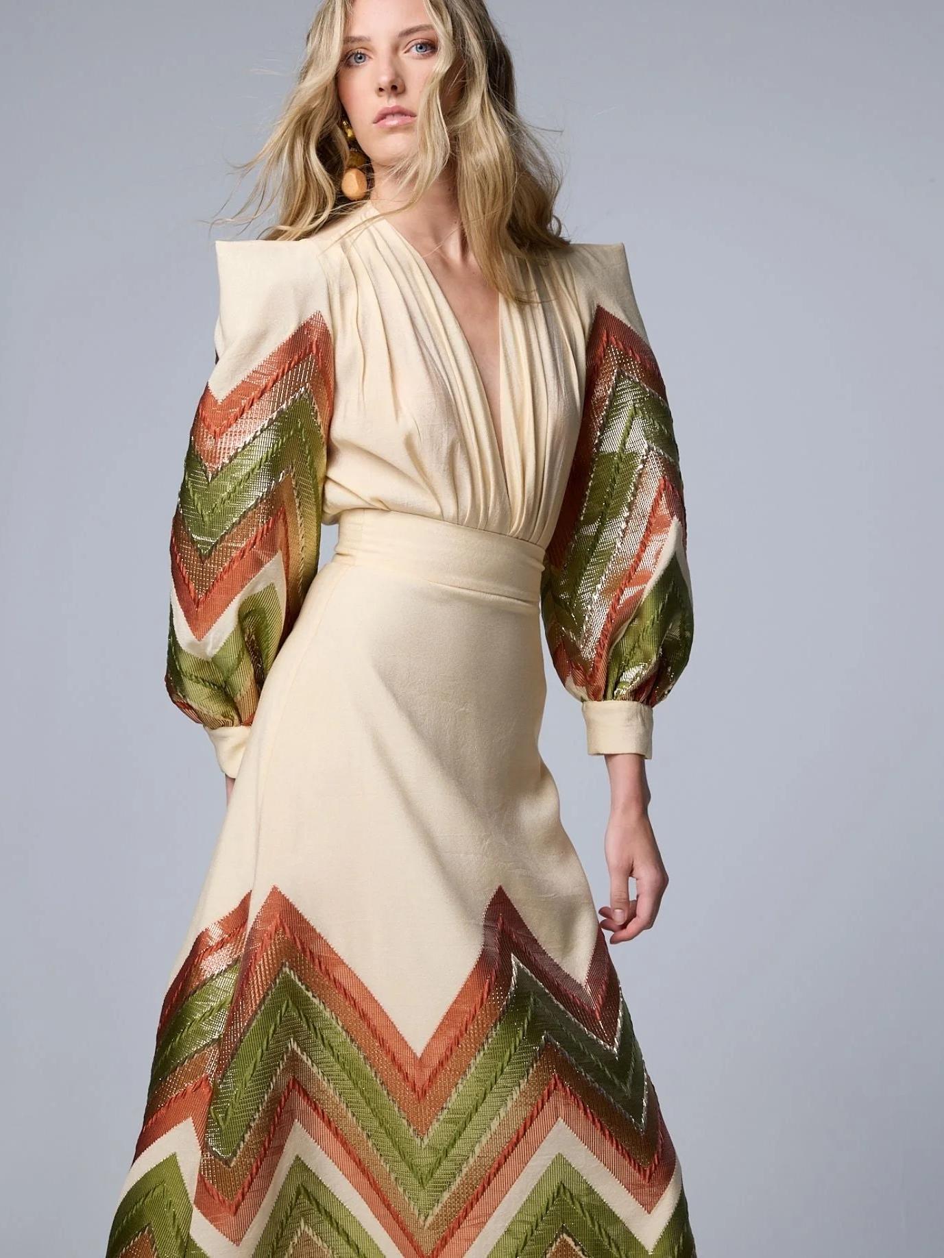 Puff Sleeves Bodysuit & Geometric Patterned Midi Skirt Set