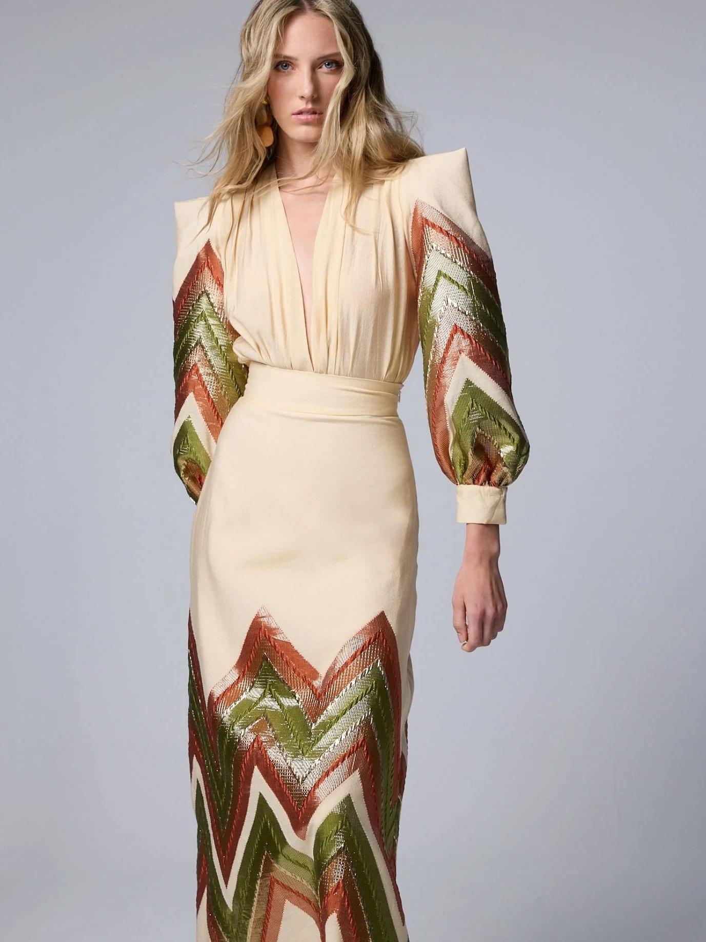 Puff Sleeves Bodysuit & Geometric Patterned Midi Skirt Set