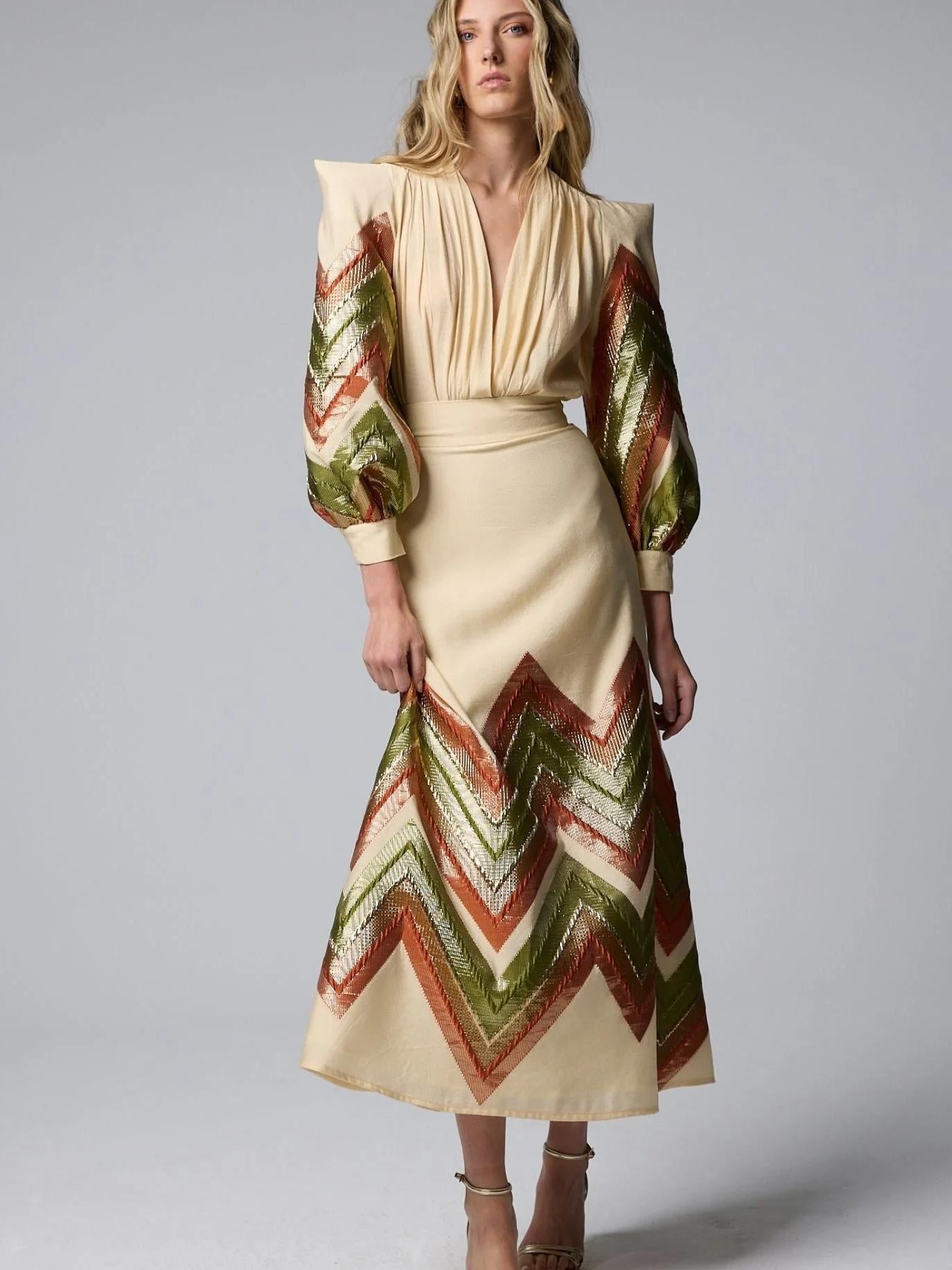 Puff Sleeves Bodysuit & Geometric Patterned Midi Skirt Set