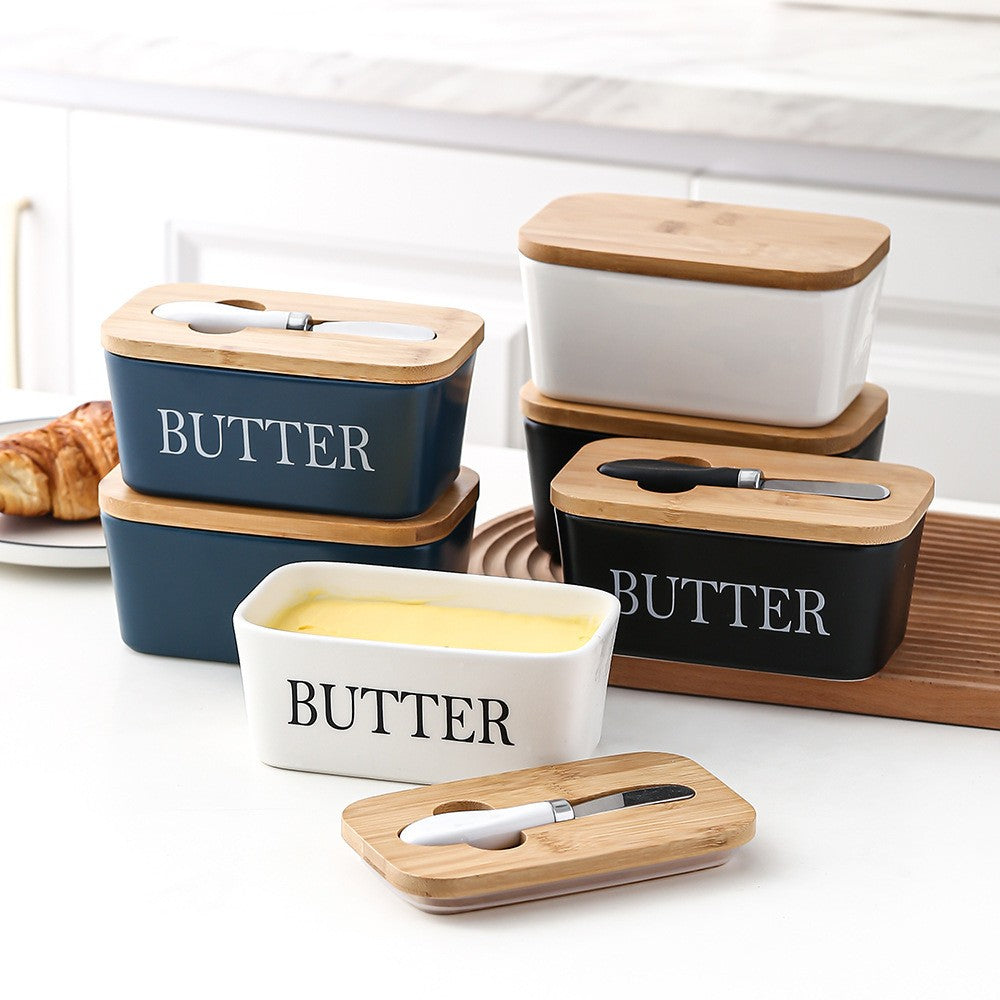 Ceramic butter dish – Bamboo lid – Stylish kitchen accessory