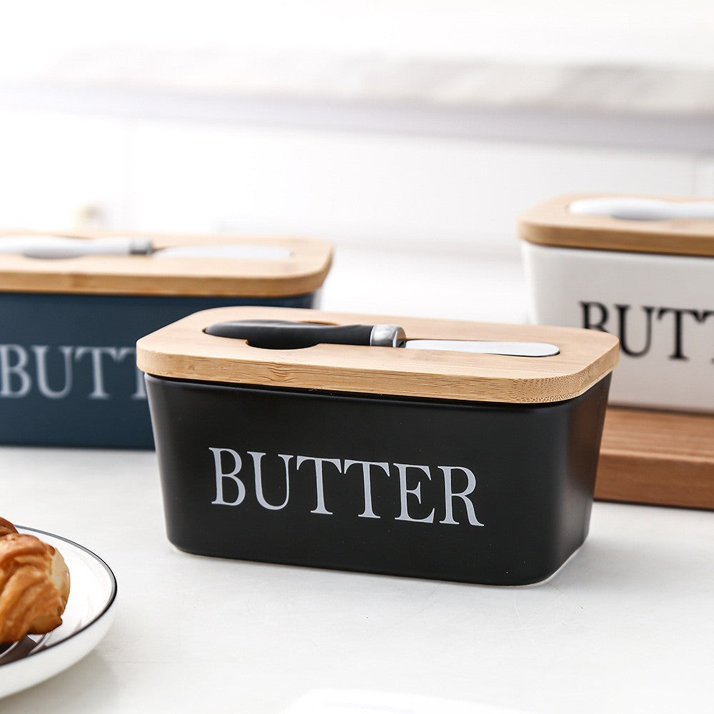Ceramic butter dish – Bamboo lid – Stylish kitchen accessory
