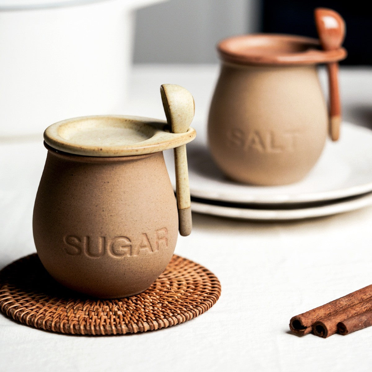 Ceramic canister set – Japanese-inspired design – Sugar and salt jars – Includes lid and spoon – 15.2 oz capacity