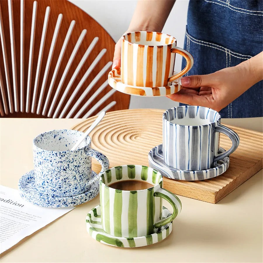 Ceramic coffee cup set – Handpainted porcelain – French retro style – Perfect for home or office