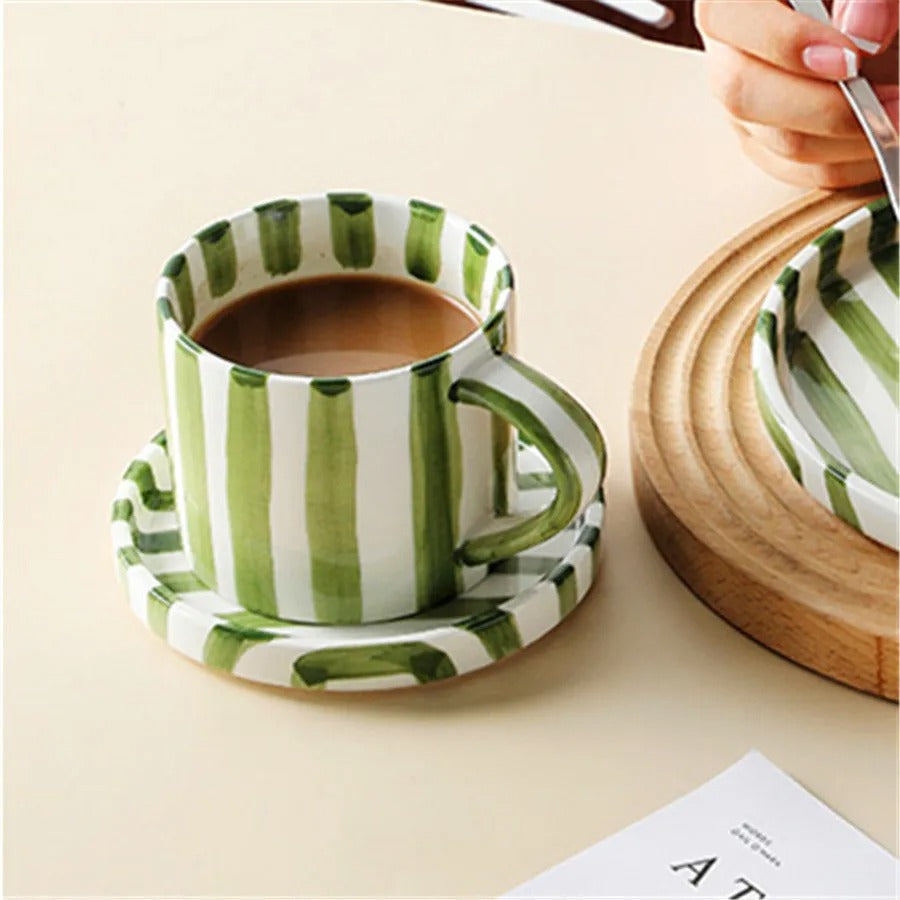 Ceramic coffee cup set – Handpainted porcelain – French retro style – Perfect for home or office