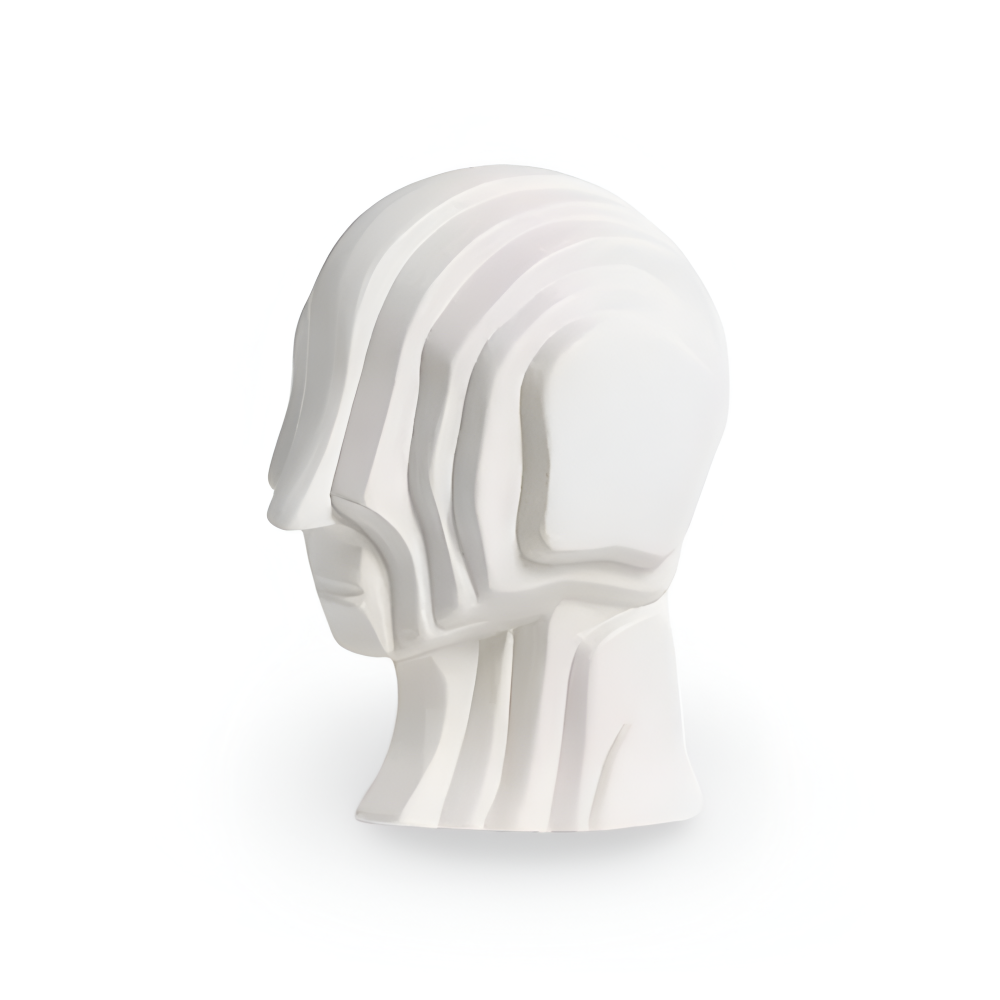 Ceramic head figure – Geometric design – Gold fringe accent – Unique home decor piece – 5.5 x 6.7 in or 7.5 x 9.8 in