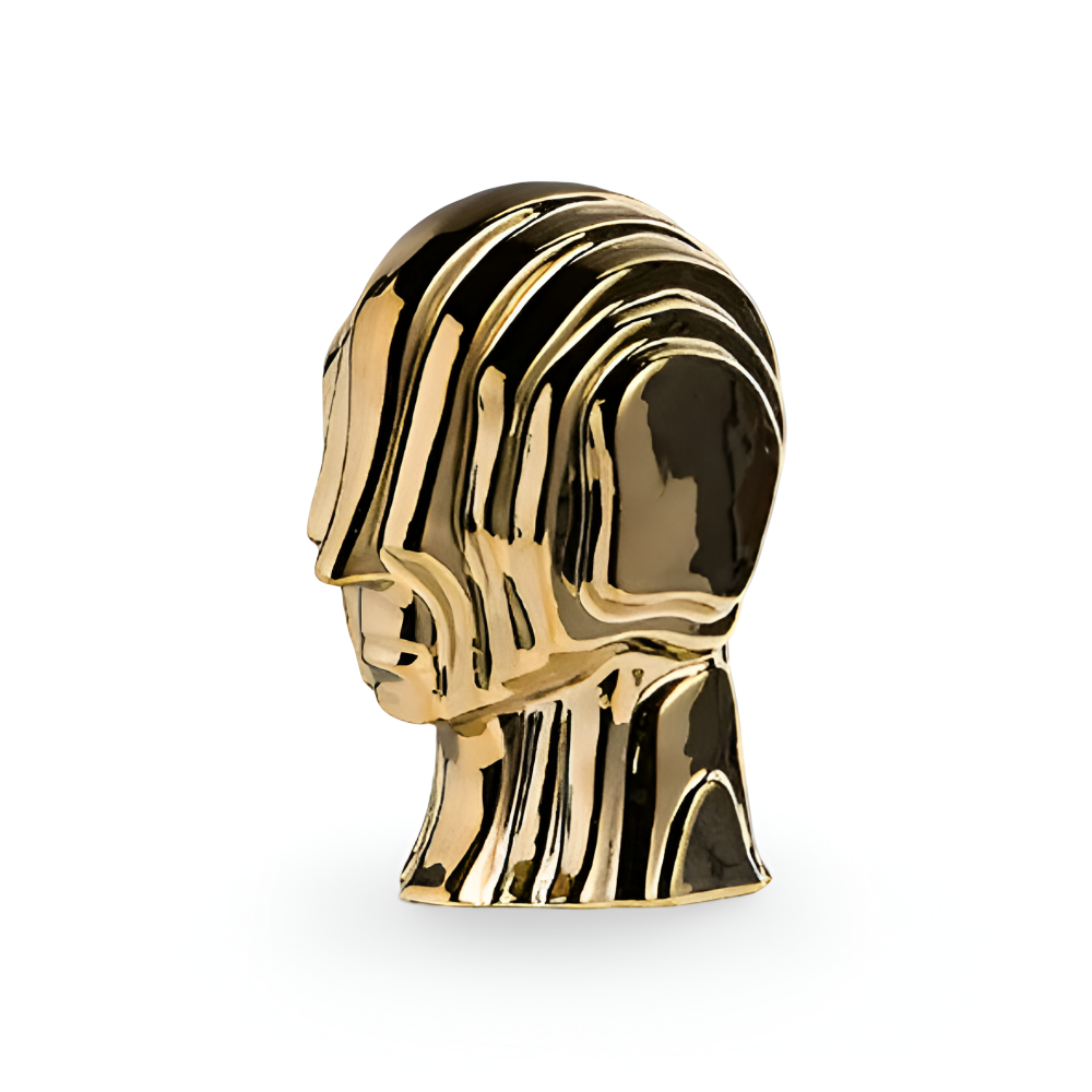 Ceramic head figure – Geometric design – Gold fringe accent – Unique home decor piece – 5.5 x 6.7 in or 7.5 x 9.8 in