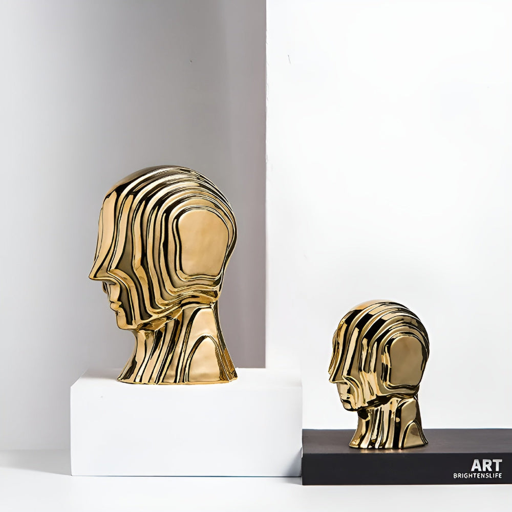 Ceramic head figure – Geometric design – Gold fringe accent – Unique home decor piece – 5.5 x 6.7 in or 7.5 x 9.8 in