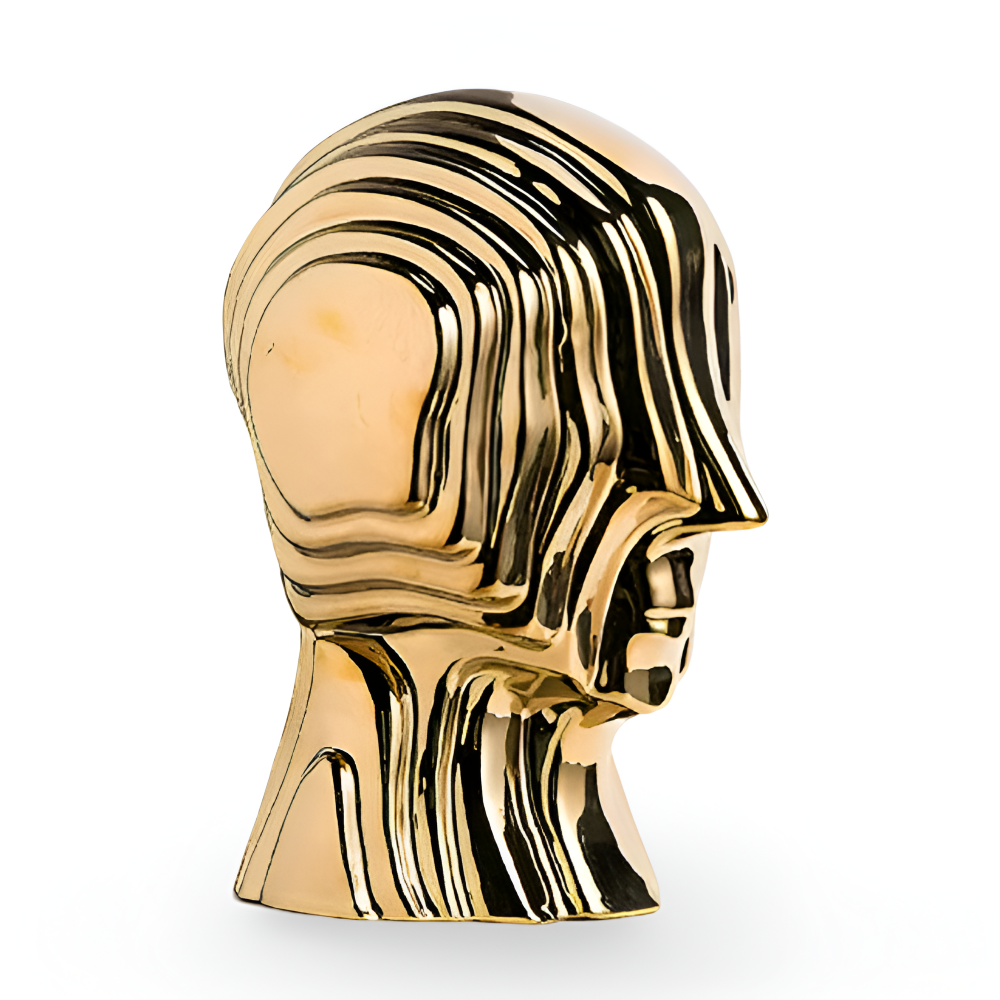 Ceramic head figure – Geometric design – Gold fringe accent – Unique home decor piece – 5.5 x 6.7 in or 7.5 x 9.8 in