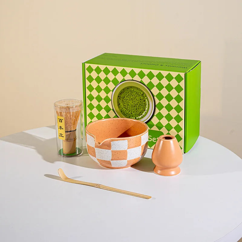 Ceramic matcha tea set – Checkered-style – Includes bowl, whisk, and utensils – Perfect gift for tea lovers