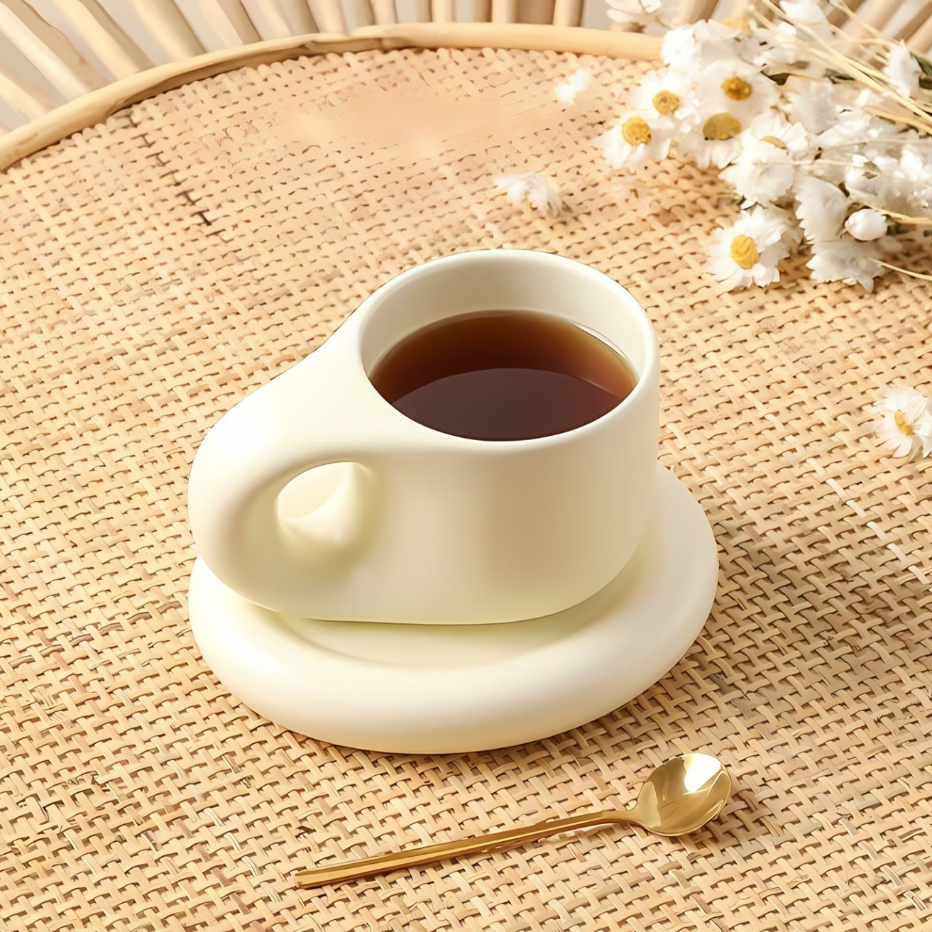 Ceramic mug – Marshmallow-inspired design – 400 ml – Includes oval plate for snacks