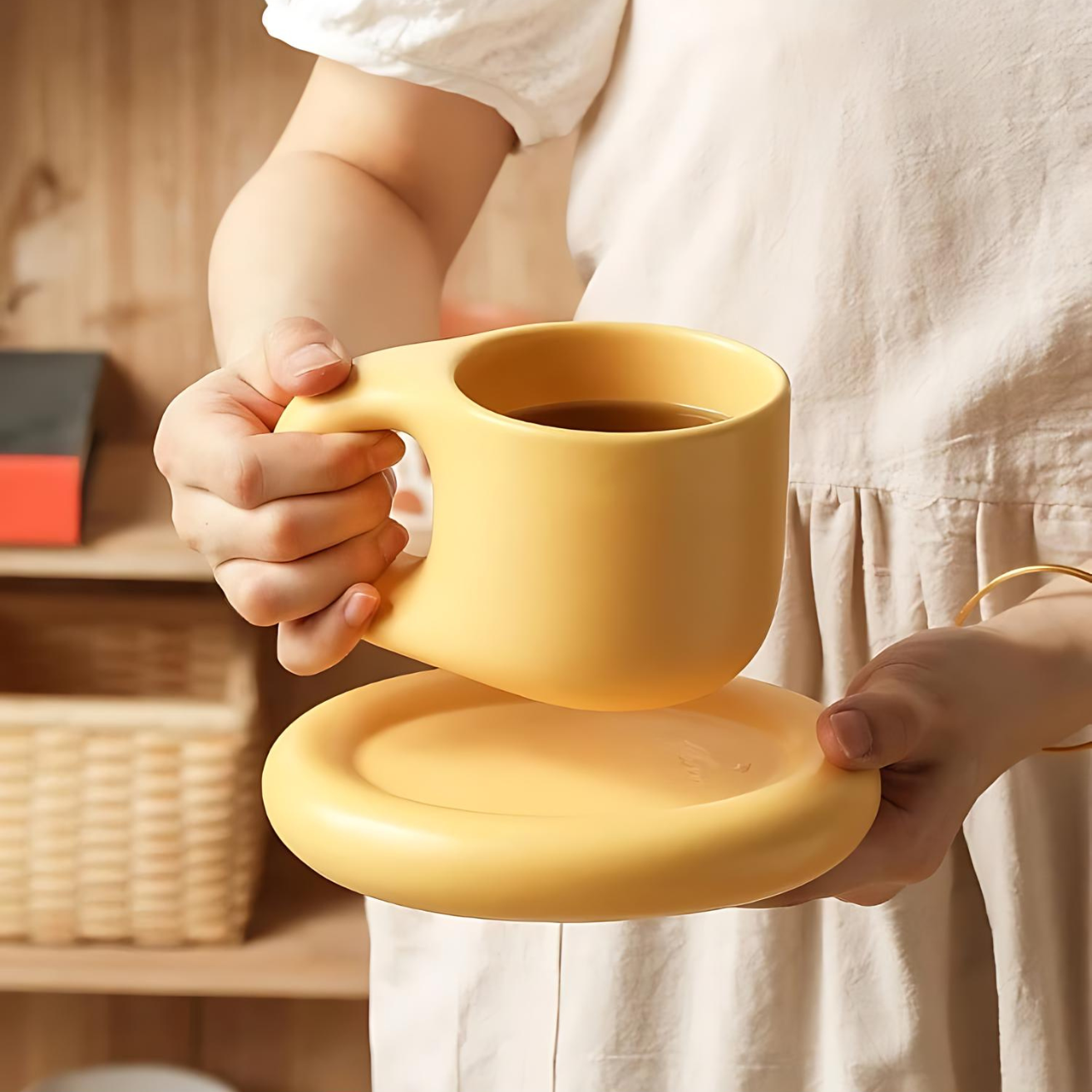 Ceramic mug – Marshmallow-inspired design – 400 ml – Includes oval plate for snacks