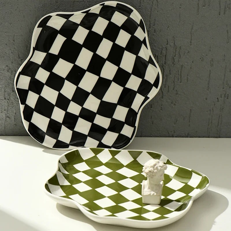 Ceramic serving tray – Checkered pattern – 9.1 in diameter – Stylish home decor piece