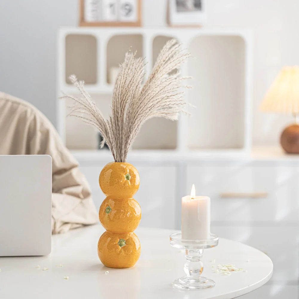 Modern ceramic orange fruit vase with triple-stacked citrus design, decorative table centerpiece for pampas grass or flowers