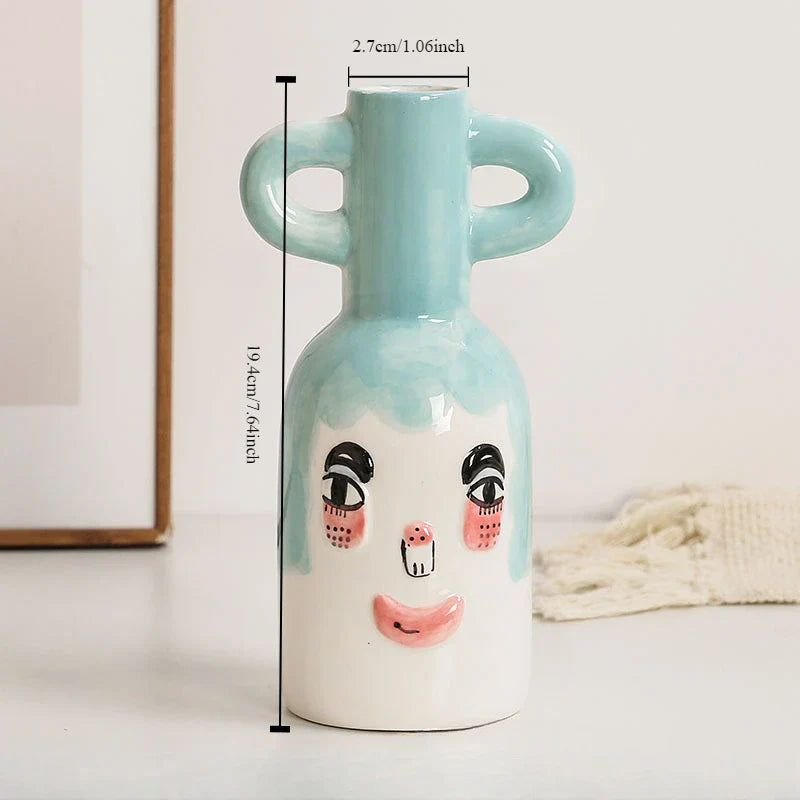 Ceramic vase – Minimalist striped design – Cute smiling face – Decorative flower vase for home accent