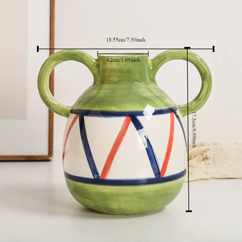 Ceramic vase – Minimalist striped design – Cute smiling face – Decorative flower vase for home accent
