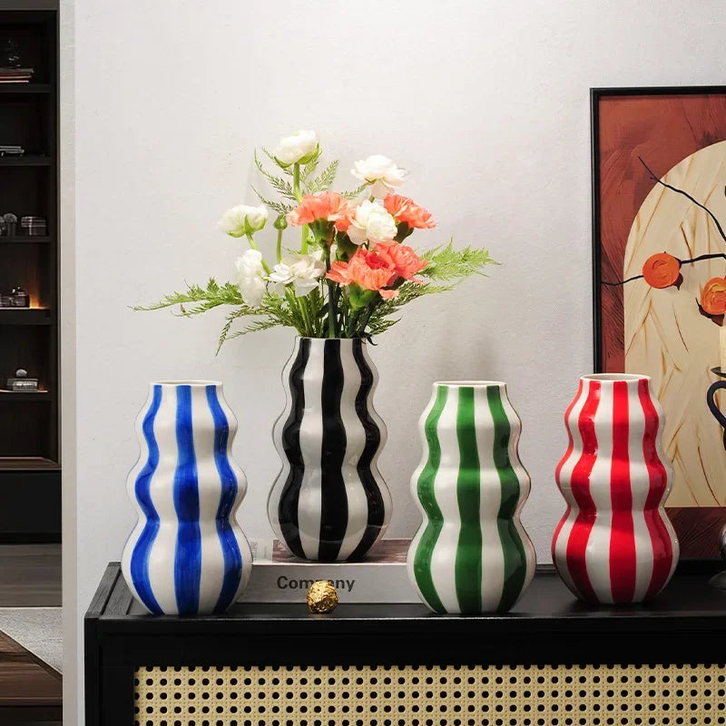 Ceramic vase – Red vertical stripes – Elegant decorative centerpiece