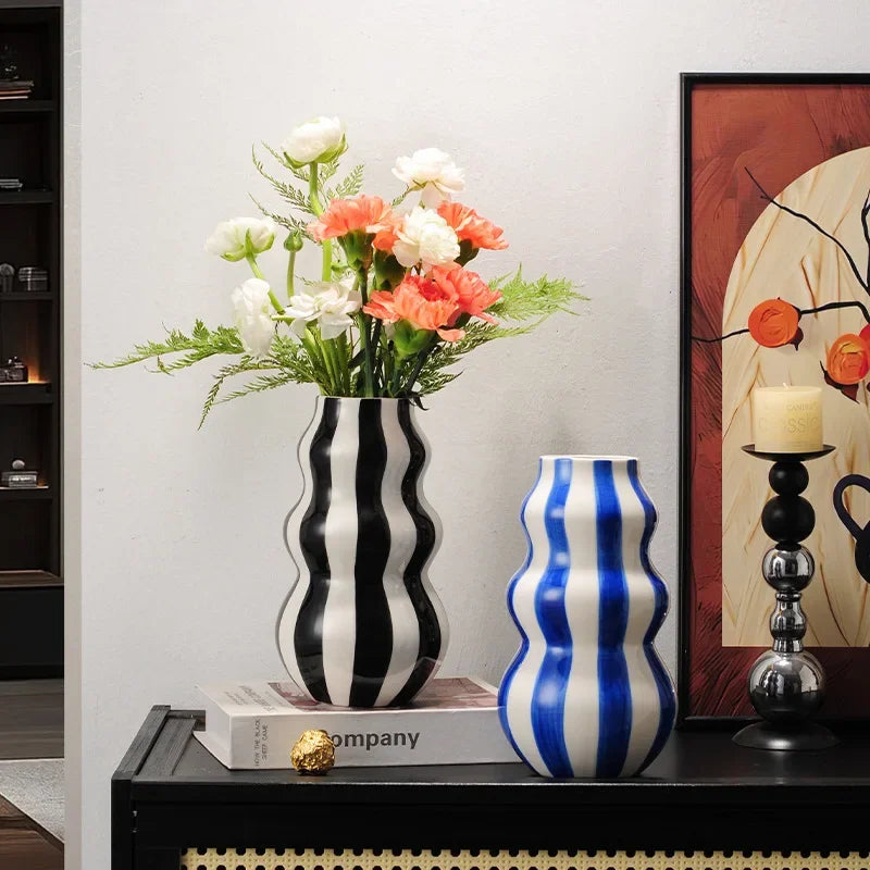 Ceramic vase – Red vertical stripes – Elegant decorative centerpiece