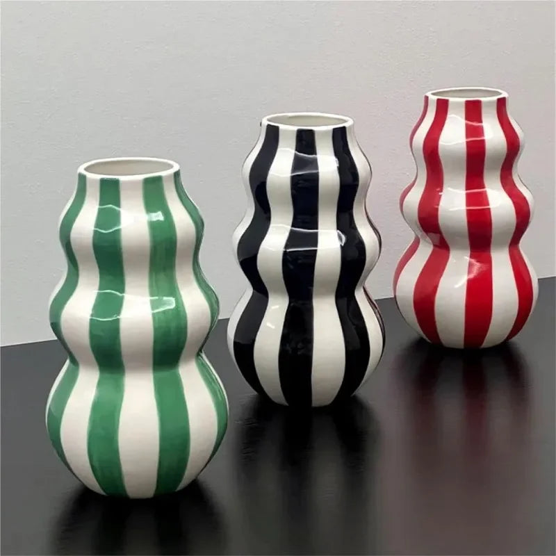 Ceramic vase – Red vertical stripes – Elegant decorative centerpiece