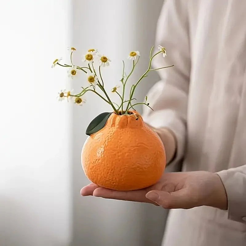 Ceramic vase – Vibrant orange – Hydroponic-friendly – Stylish decor for living room or office